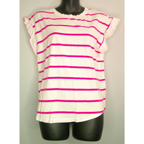 Crown & Ivy Pink White Striped Short Flutter Sleeves T-Shirt Women's Large - Picture 1 of 6